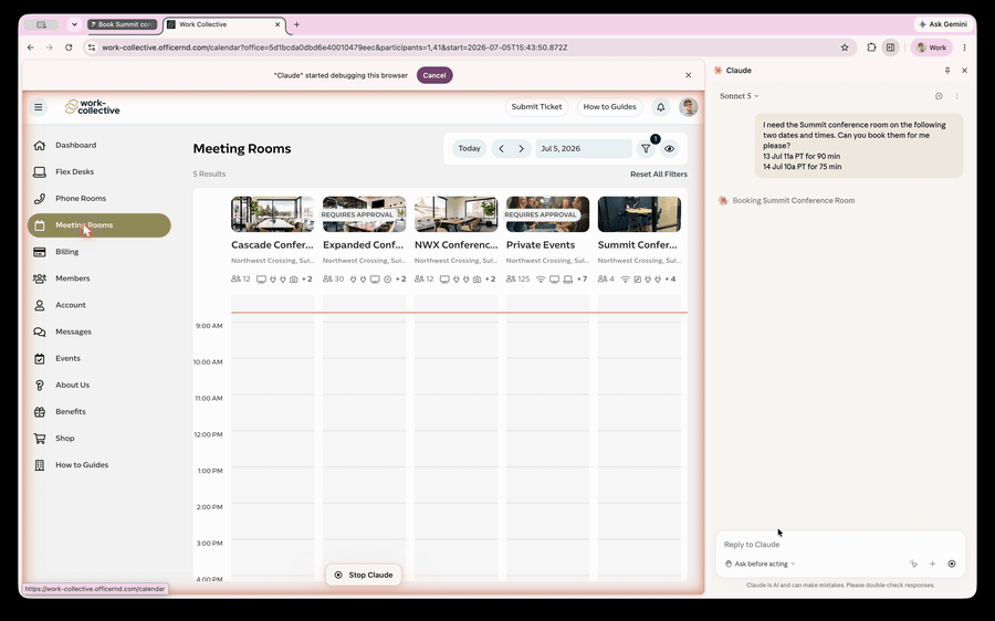 Screen recording of Claude booking conference rooms through a web reservation site