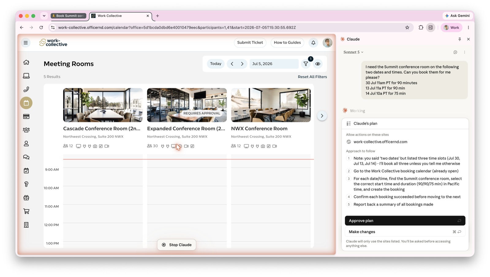 Claude's booking plan awaiting approval